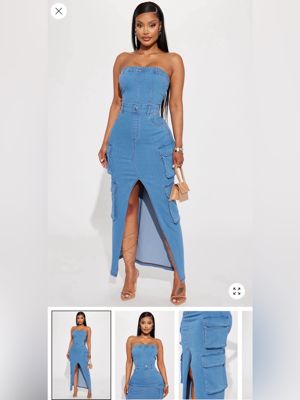 Fashion Nova Strapless Light Blue Denim Cargo Maxi Skirt